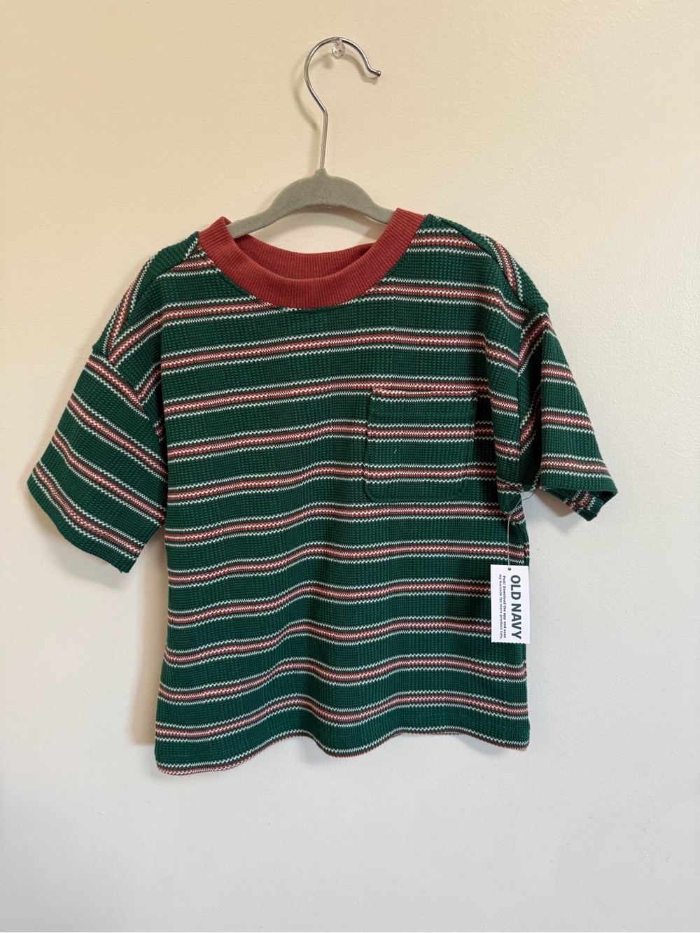 Old Navy Green Striped Kids Tee with Red Neckline NWT